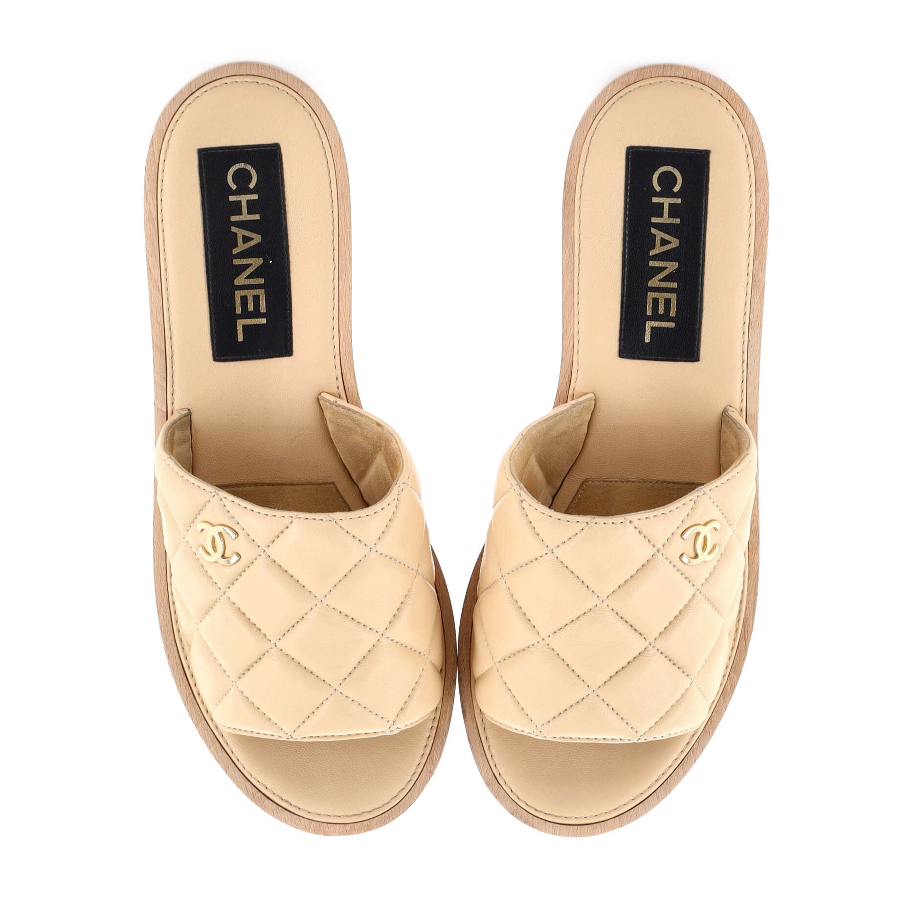 Women's Open Toe Platform Sandals Quilted Leather and Wood