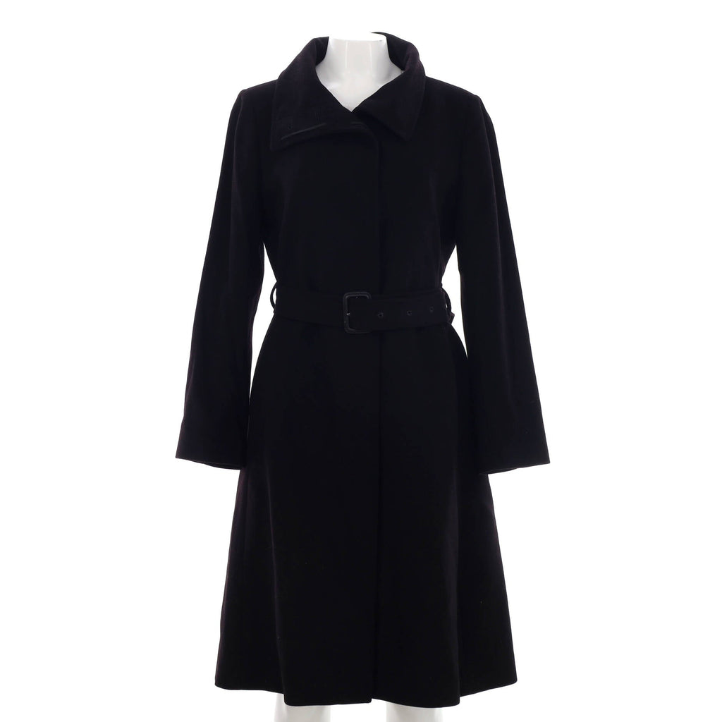 Women's Belted Stand Collar Long Coat Wool and Cashmere Blend