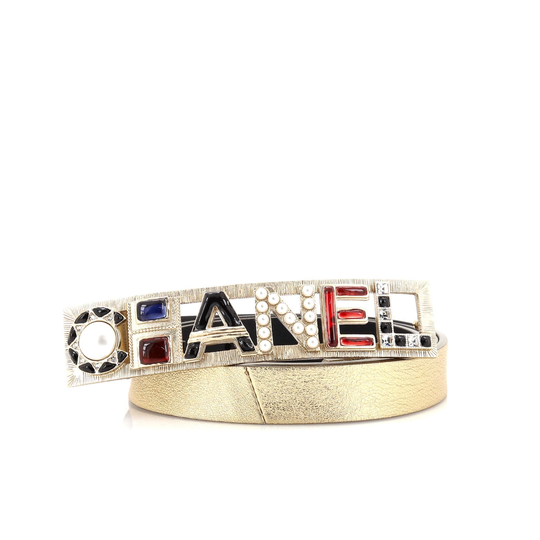 Logo Letters Cutout Buckle Belt Leather with Metal, Crystals, Faux Pearls and Resin Thin 90