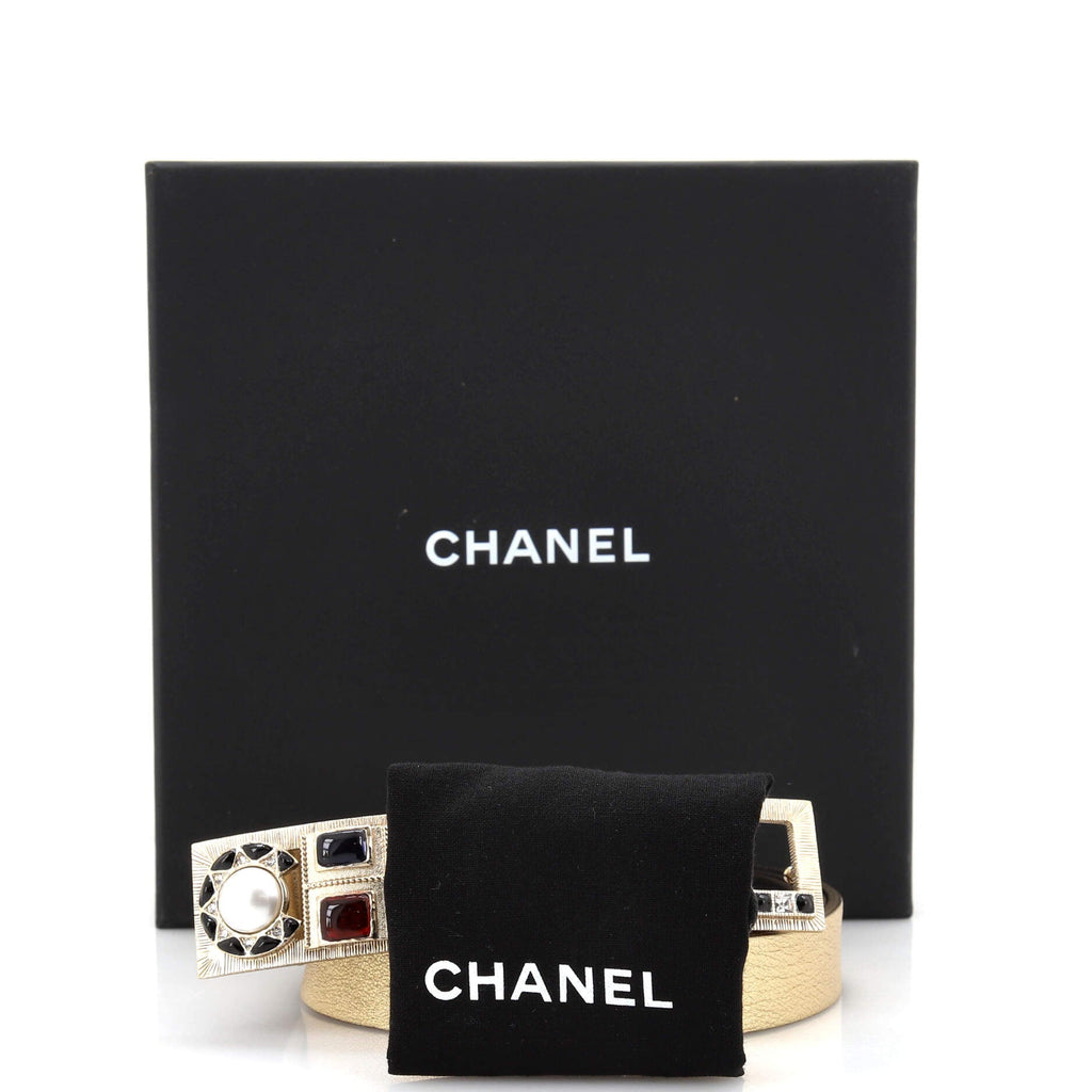 Logo Letters Cutout Buckle Belt Leather with Metal, Crystals, Faux Pearls and Resin Thin 90