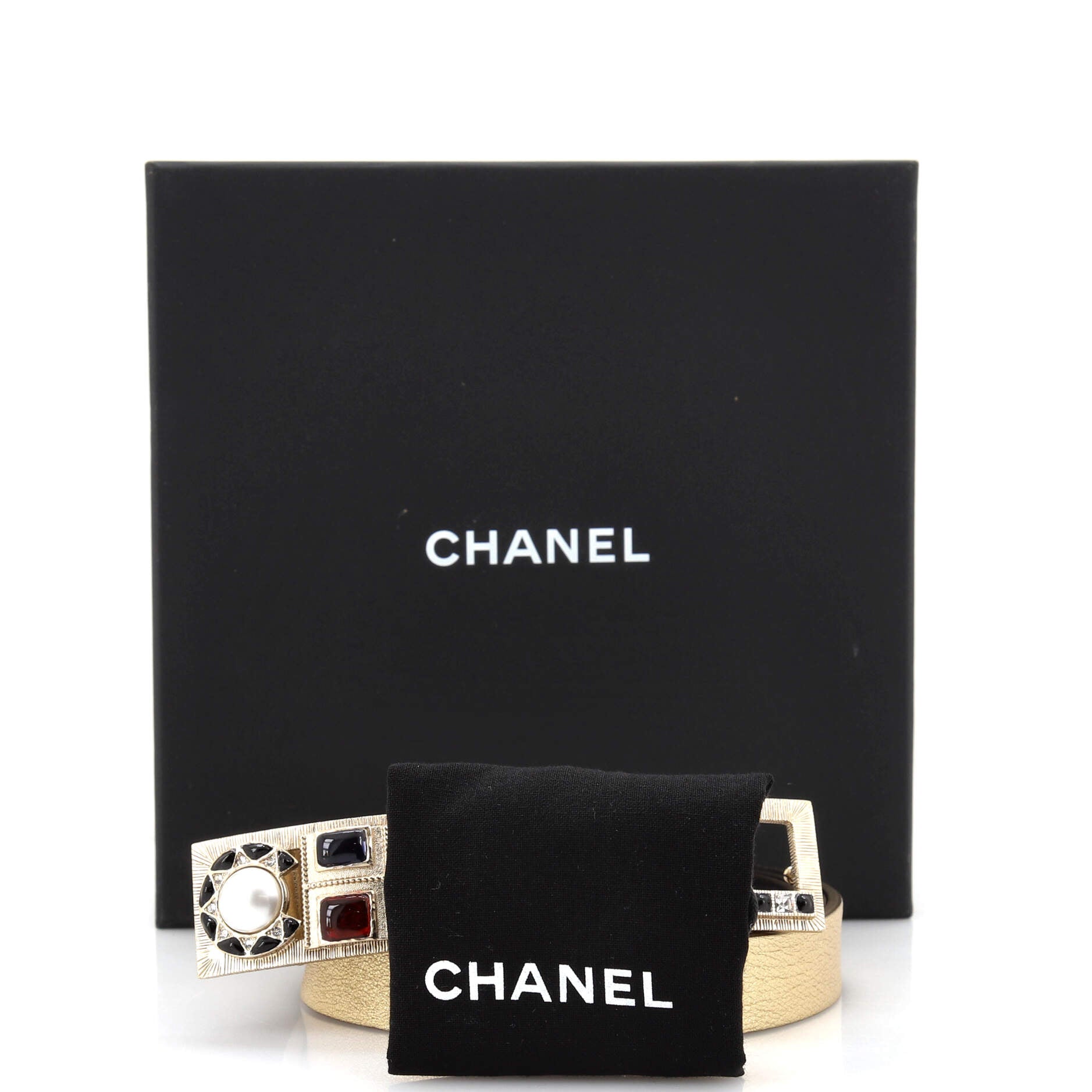 Logo Letters Cutout Buckle Belt Leather with Metal, Crystals, Faux Pearls and Resin Thin 90