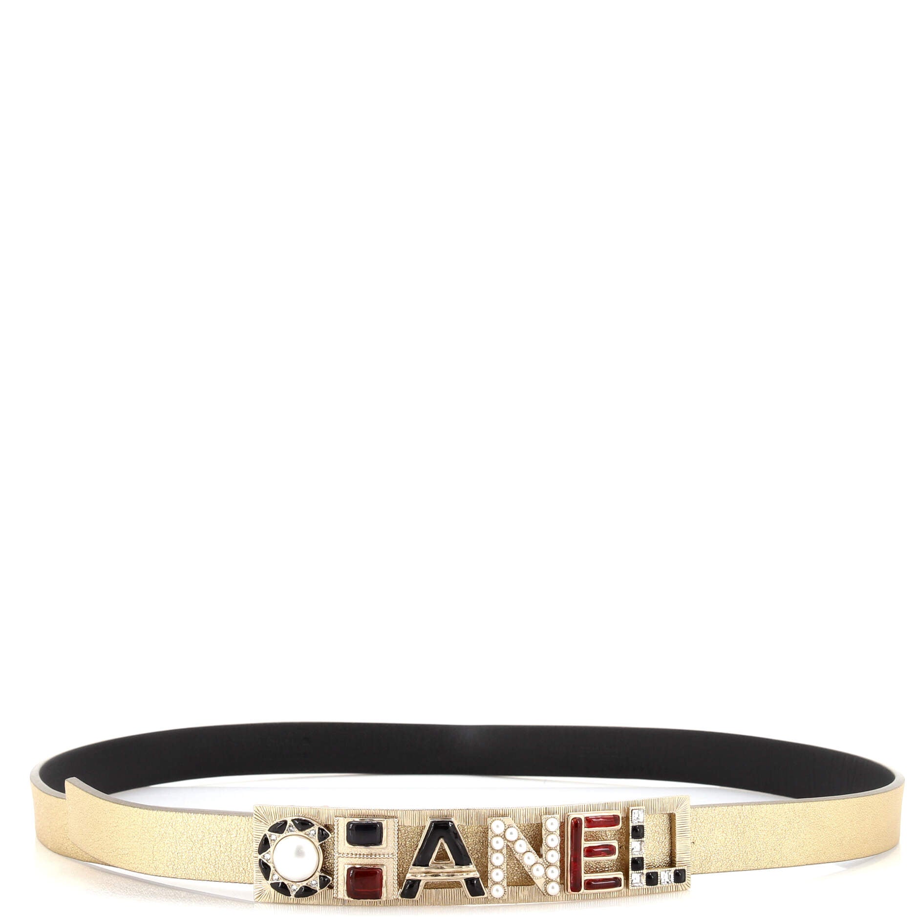 Logo Letters Cutout Buckle Belt Leather with Metal, Crystals, Faux Pearls and Resin Thin 90
