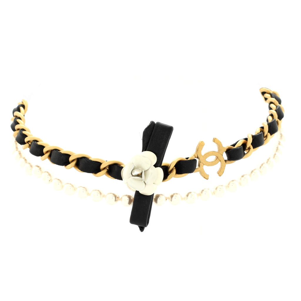 CC Camellia Choker Necklace Metal with Leather and Faux Pearls