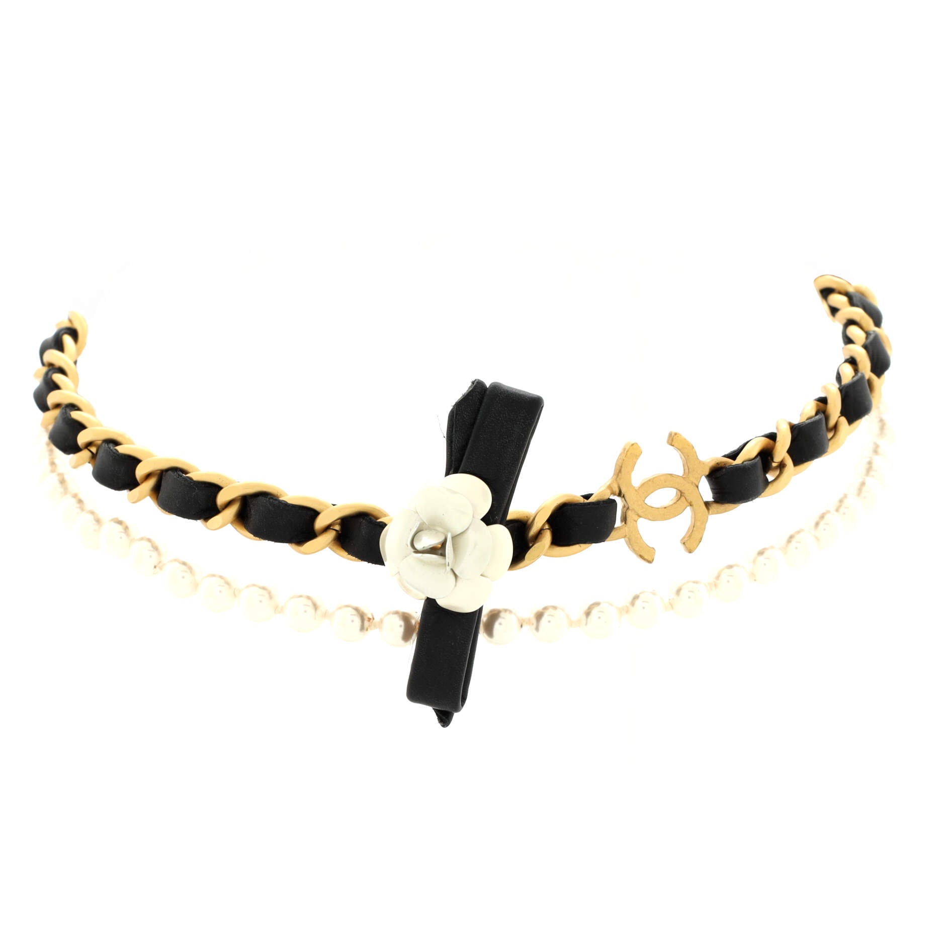 CC Camellia Choker Necklace Metal with Leather and Faux Pearls