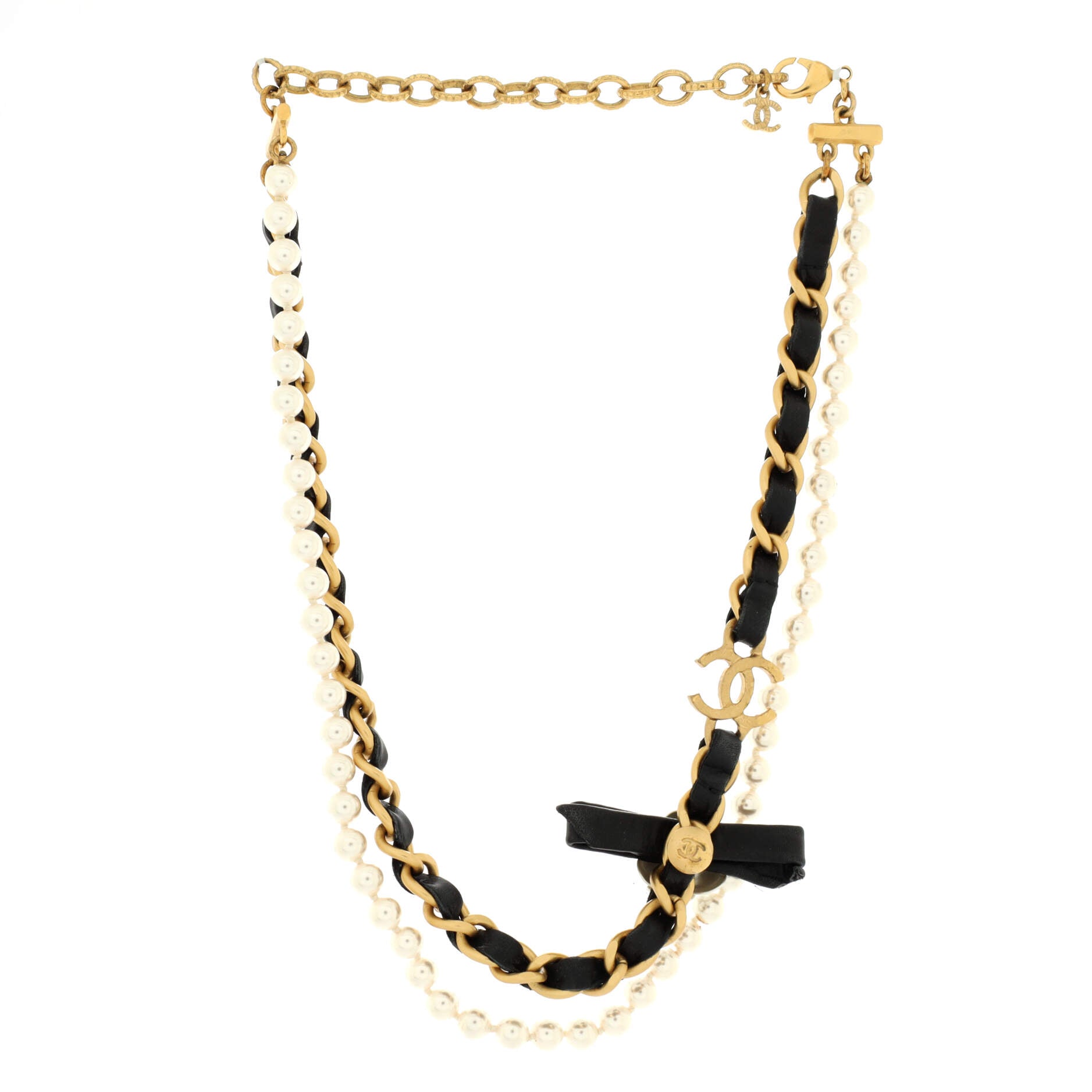 CC Camellia Choker Necklace Metal with Leather and Faux Pearls