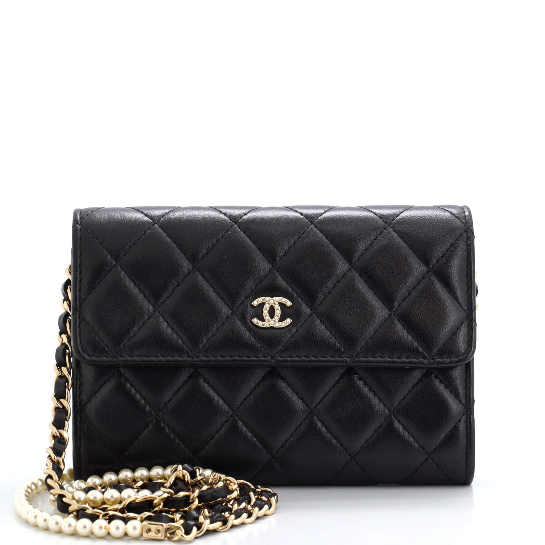 Pearl My Shoulder French Wallet on Chain Quilted Lambskin Mini
