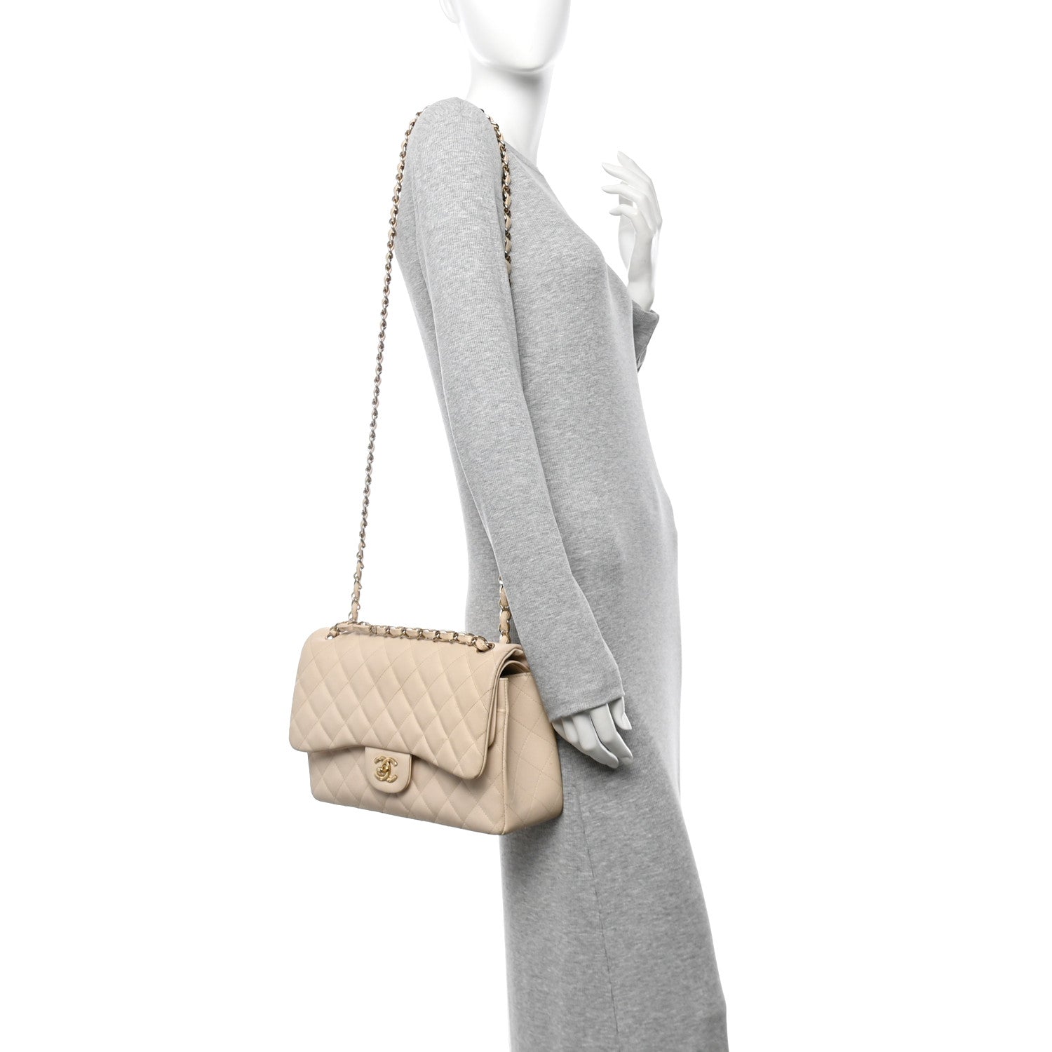 Caviar Quilted Jumbo Double Flap Light Beige
