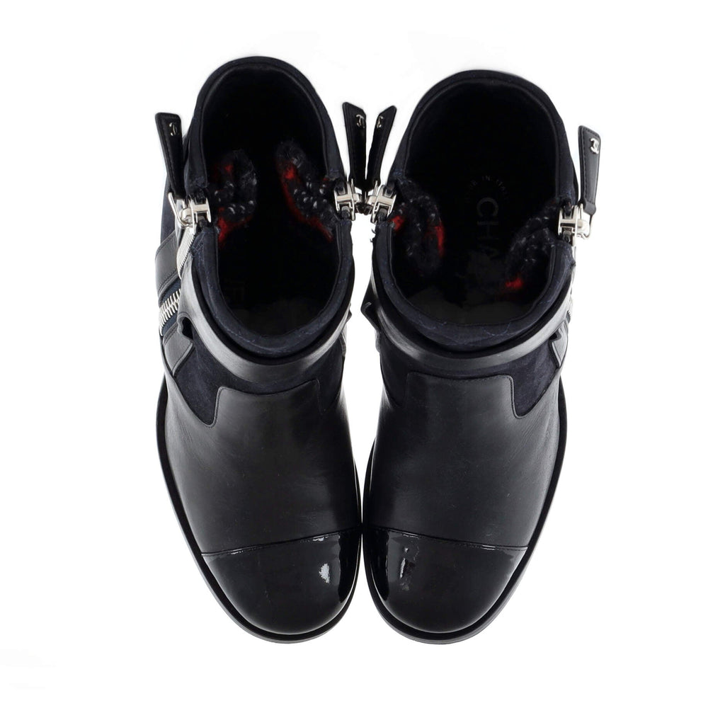 Women's Cap Toe Zip Heeled Ankle Boot Leather and Suede with Patent