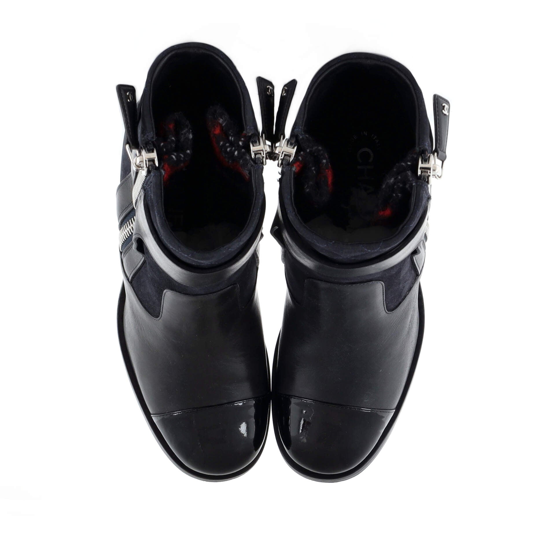 Women's Cap Toe Zip Heeled Ankle Boot Leather and Suede with Patent