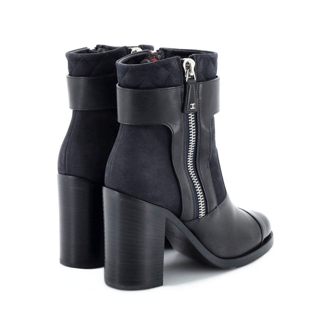 Women's Cap Toe Zip Heeled Ankle Boot Leather and Suede with Patent