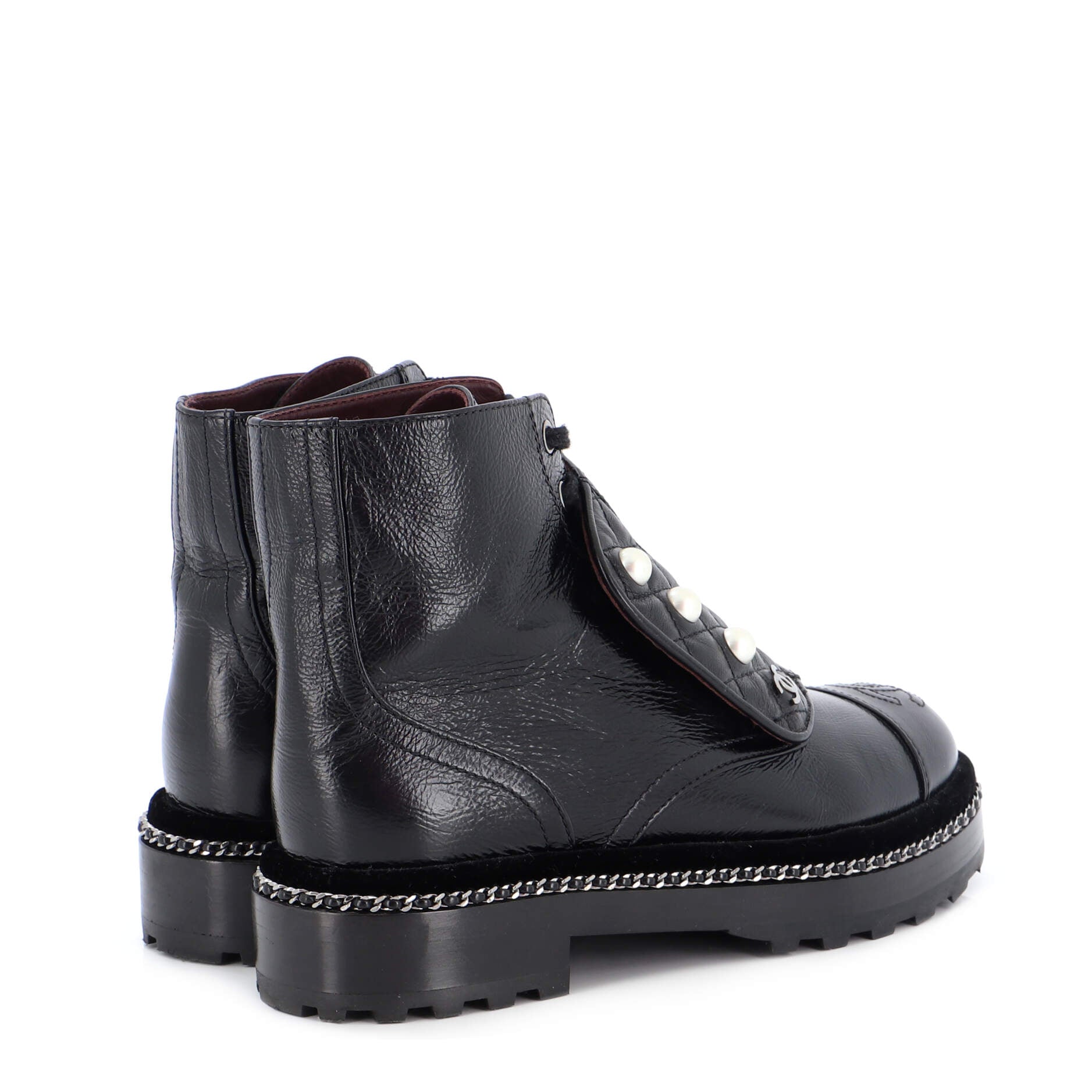 Women's Cap Toe CC Chain Around Pearl Combat Boots Leather