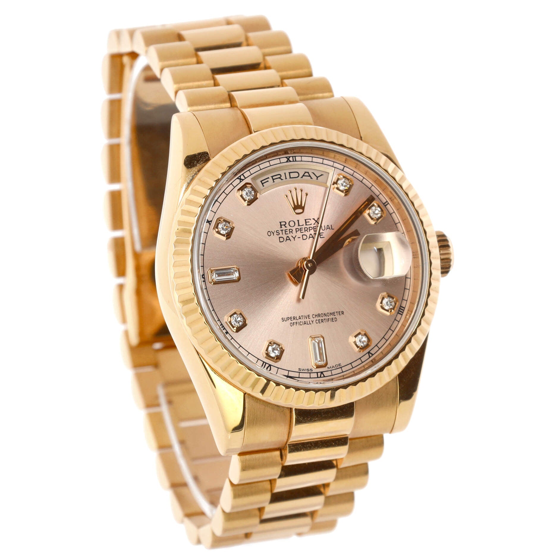 Oyster Perpetual President Day-Date Automatic Watch Rose Gold with Round and Baguette Diamond Markers 36