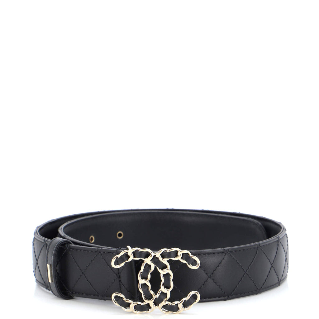 Woven Chain CC Buckle Belt Quilted Leather Wide 70