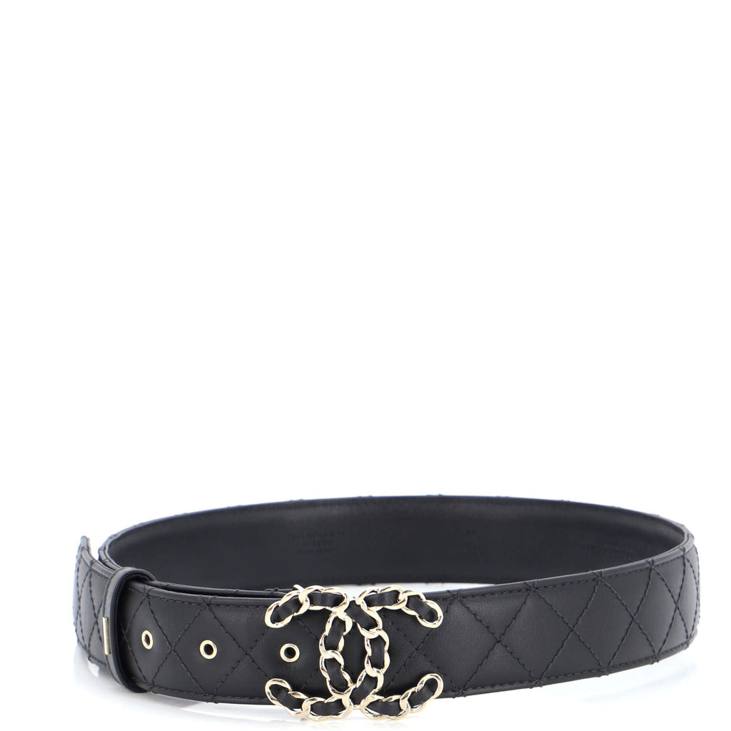 Woven Chain CC Buckle Belt Quilted Leather Wide 70