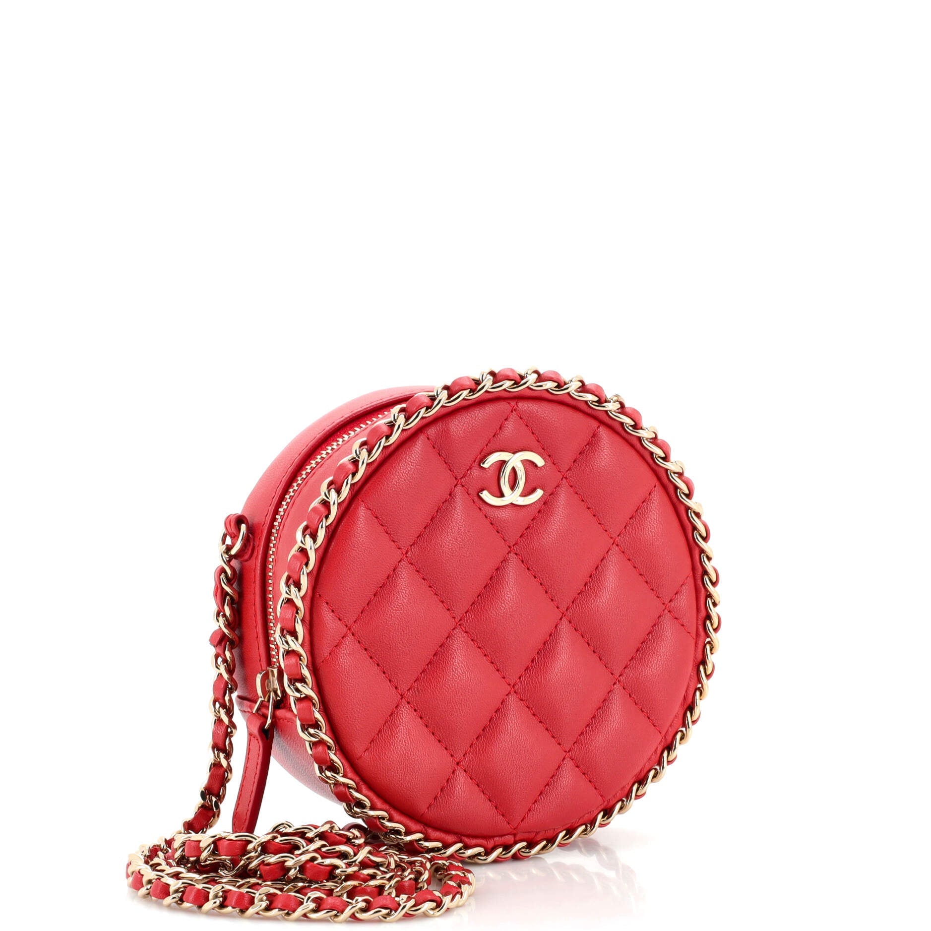 Chain Around Round Clutch with Chain Quilted Lambskin