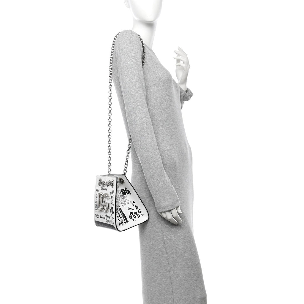 Calfskin DG Graffiti Print Chain Shoulder Bag White Black