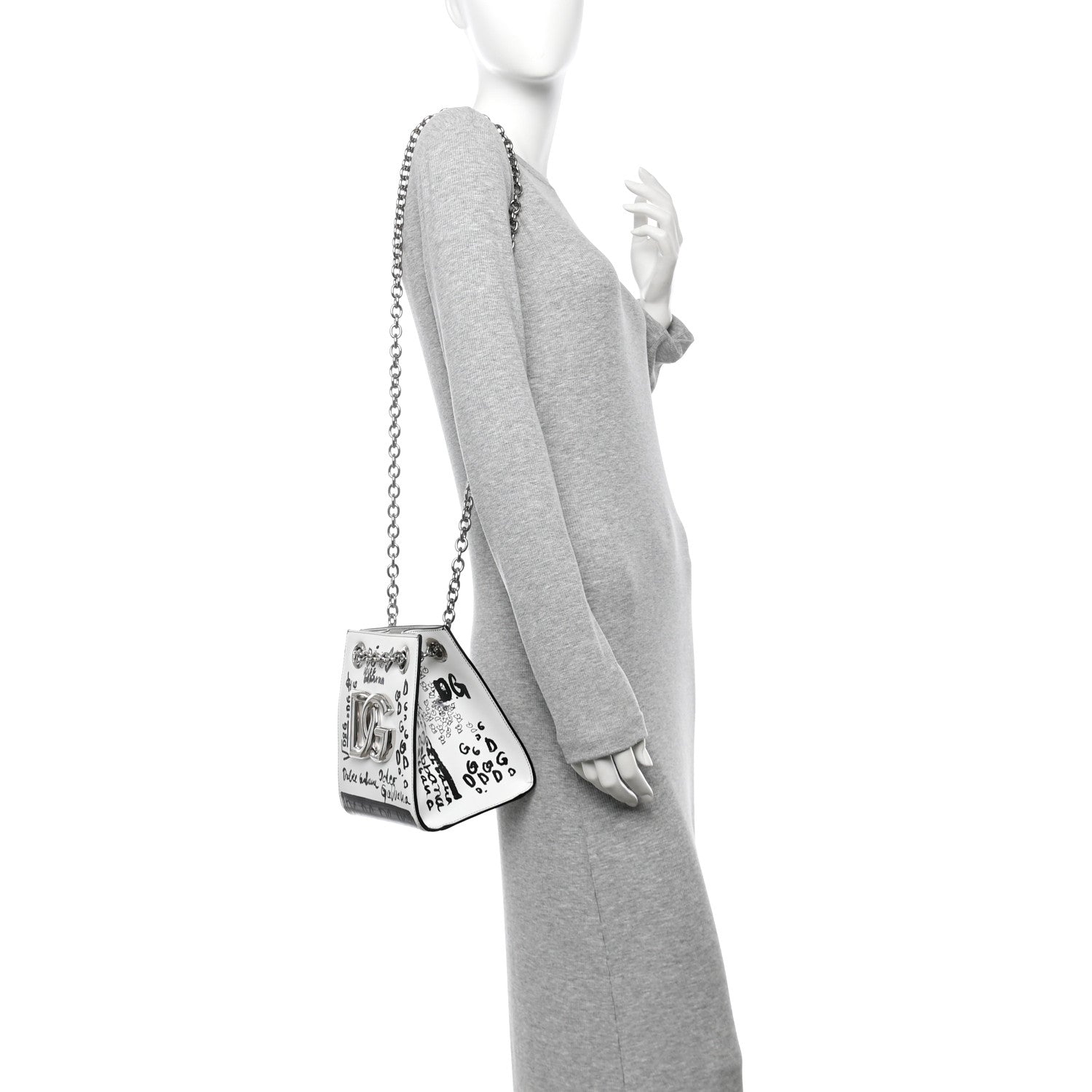 Calfskin DG Graffiti Print Chain Shoulder Bag White Black