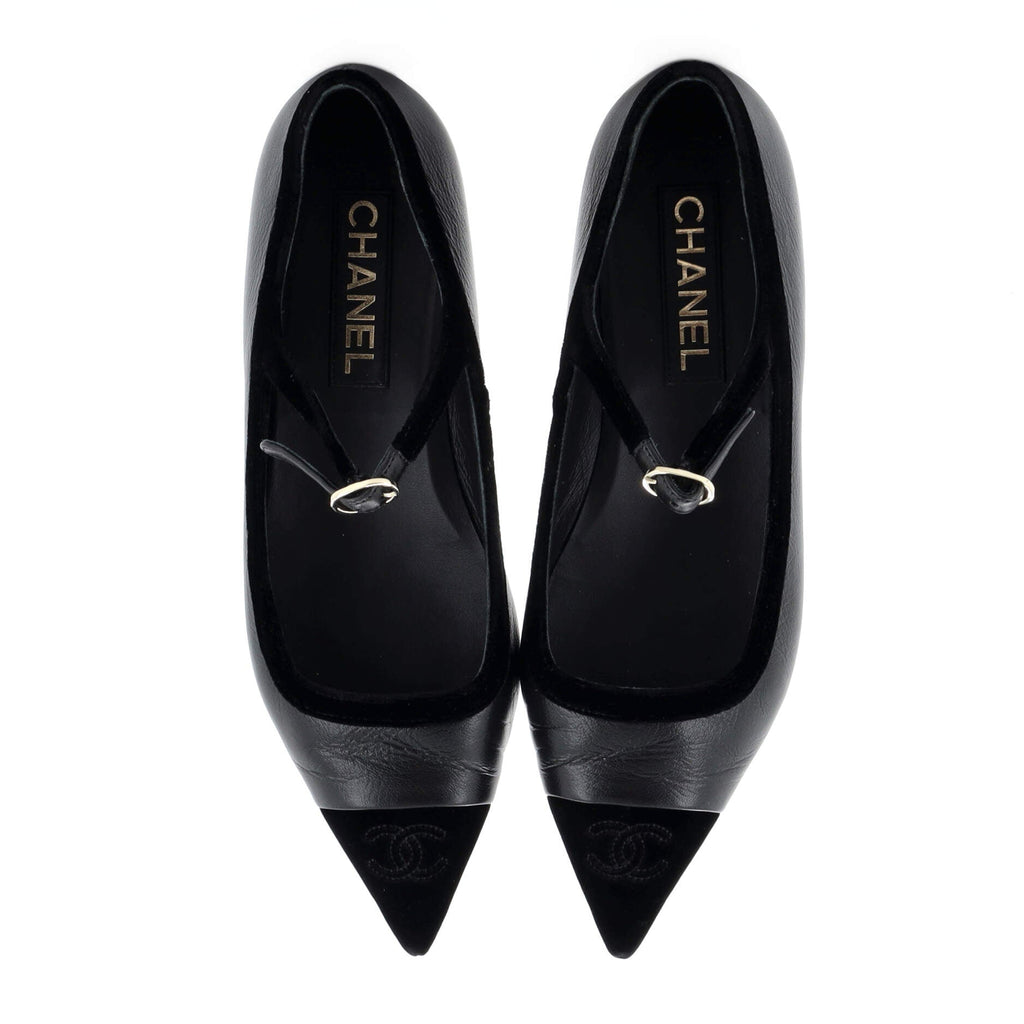 Women's Pointed CC Cap Toe Mary Jane Flats Leather and Velvet