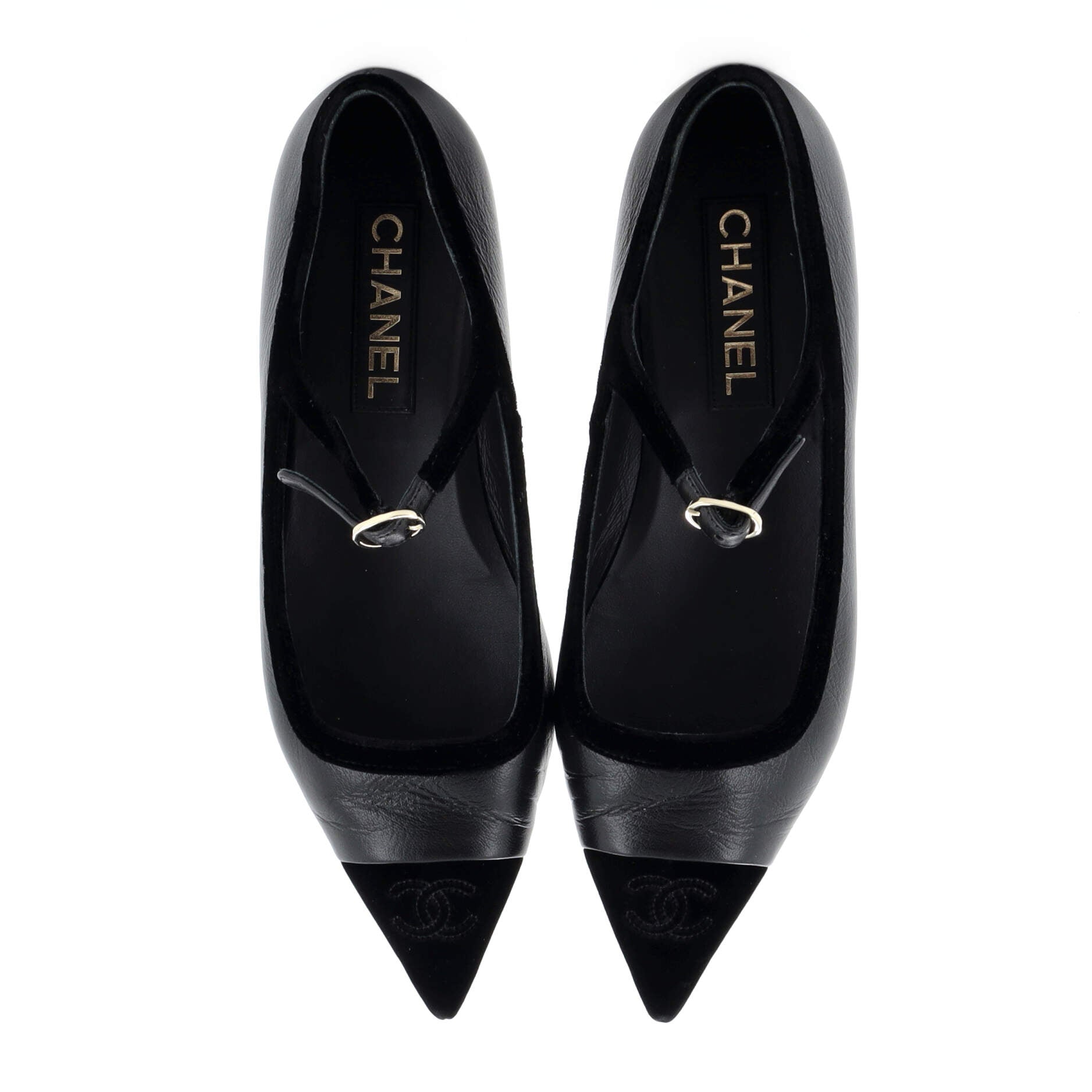 Women's Pointed CC Cap Toe Mary Jane Flats Leather and Velvet