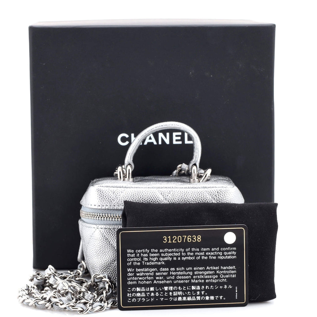Top Handle Zip Around Vanity Case with Chain Quilted Caviar Mini