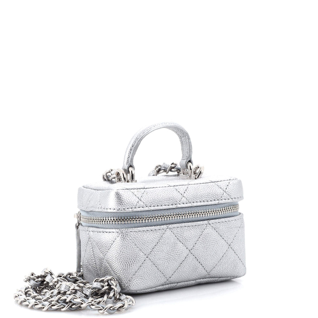 Top Handle Zip Around Vanity Case with Chain Quilted Caviar Mini