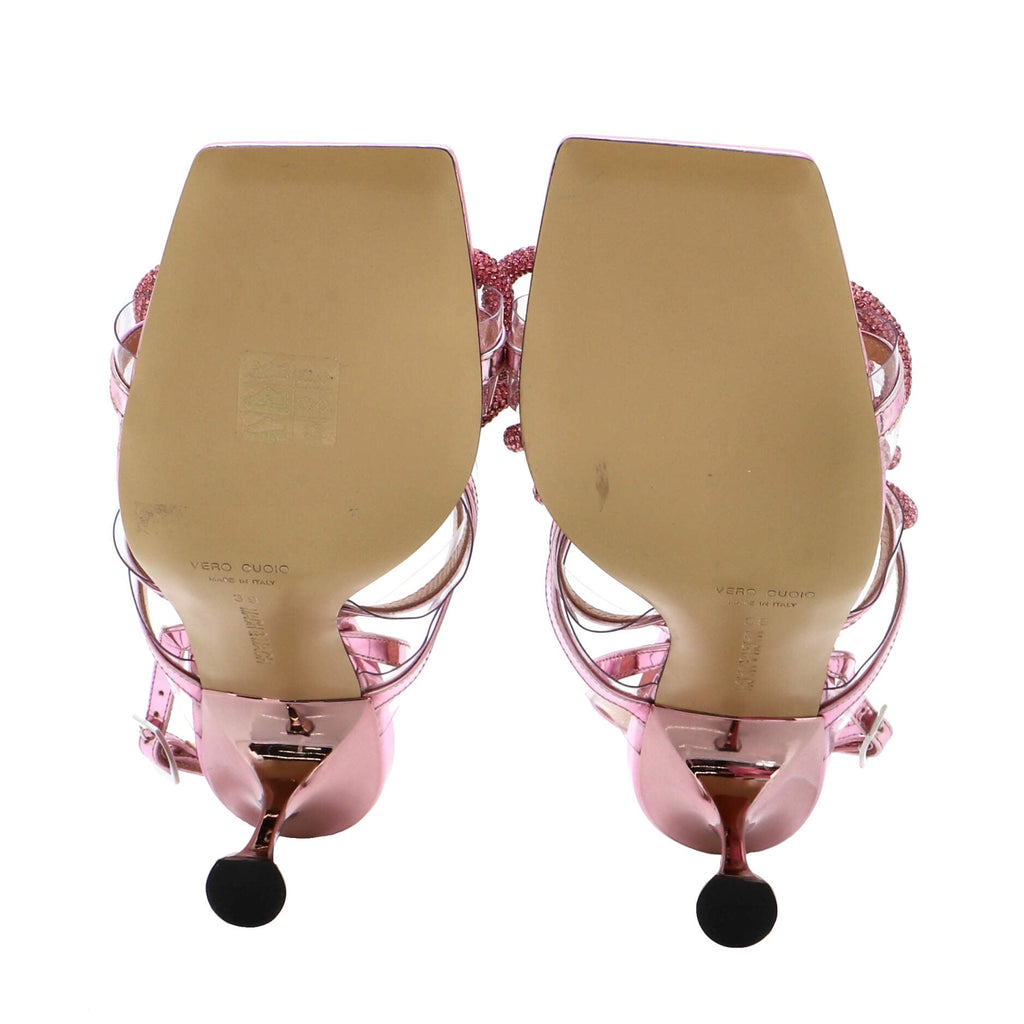 Women's Triple Bow Square Toe Heeled Sandals Metallic Leather and PVC 95