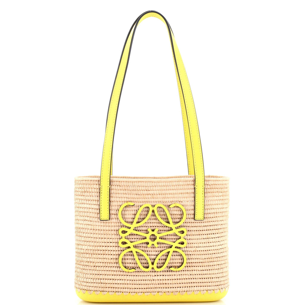 Square Basket Tote Woven Raffia and Leather Mini