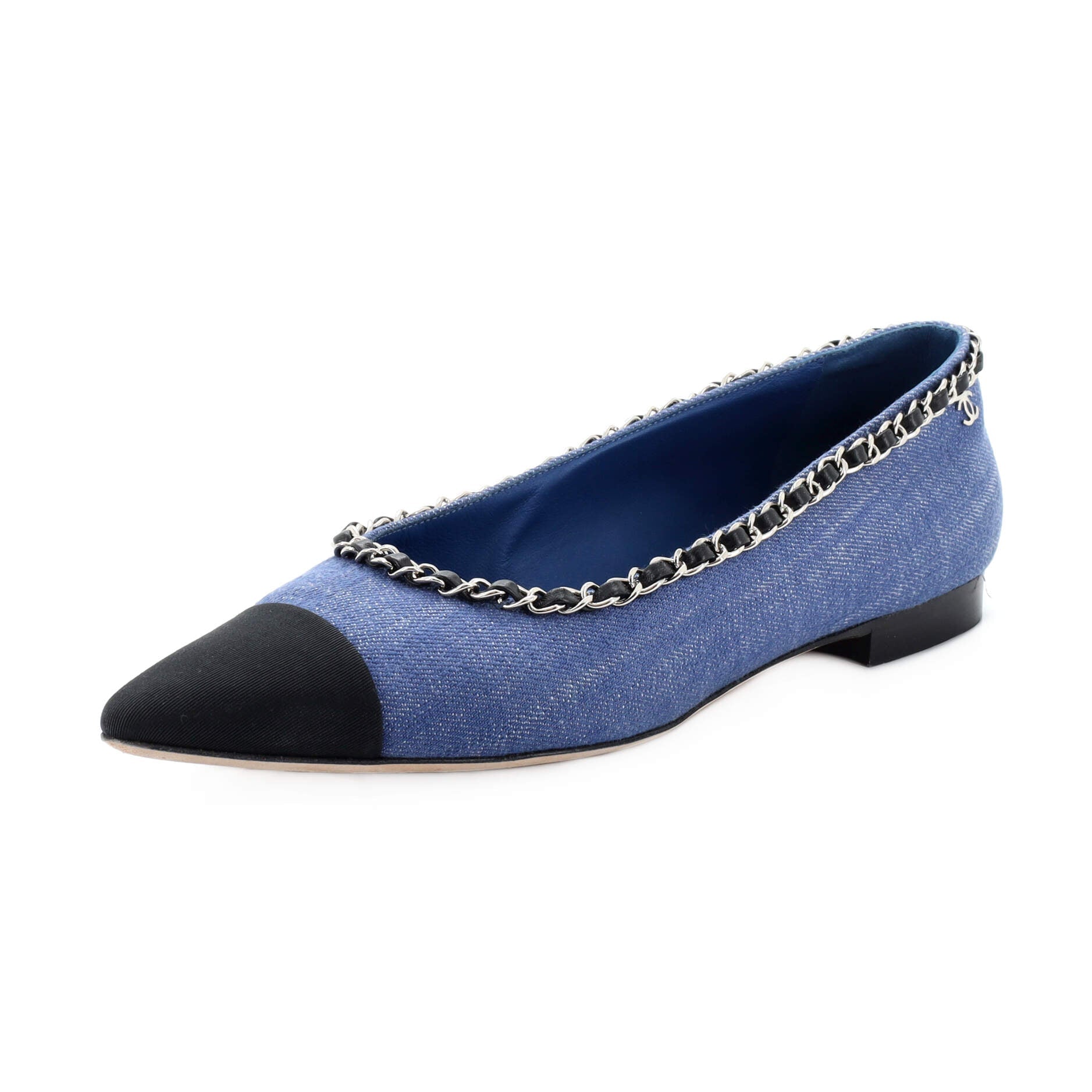 Women's Pointed Cap Toe Chain Ballerina Flats Denim