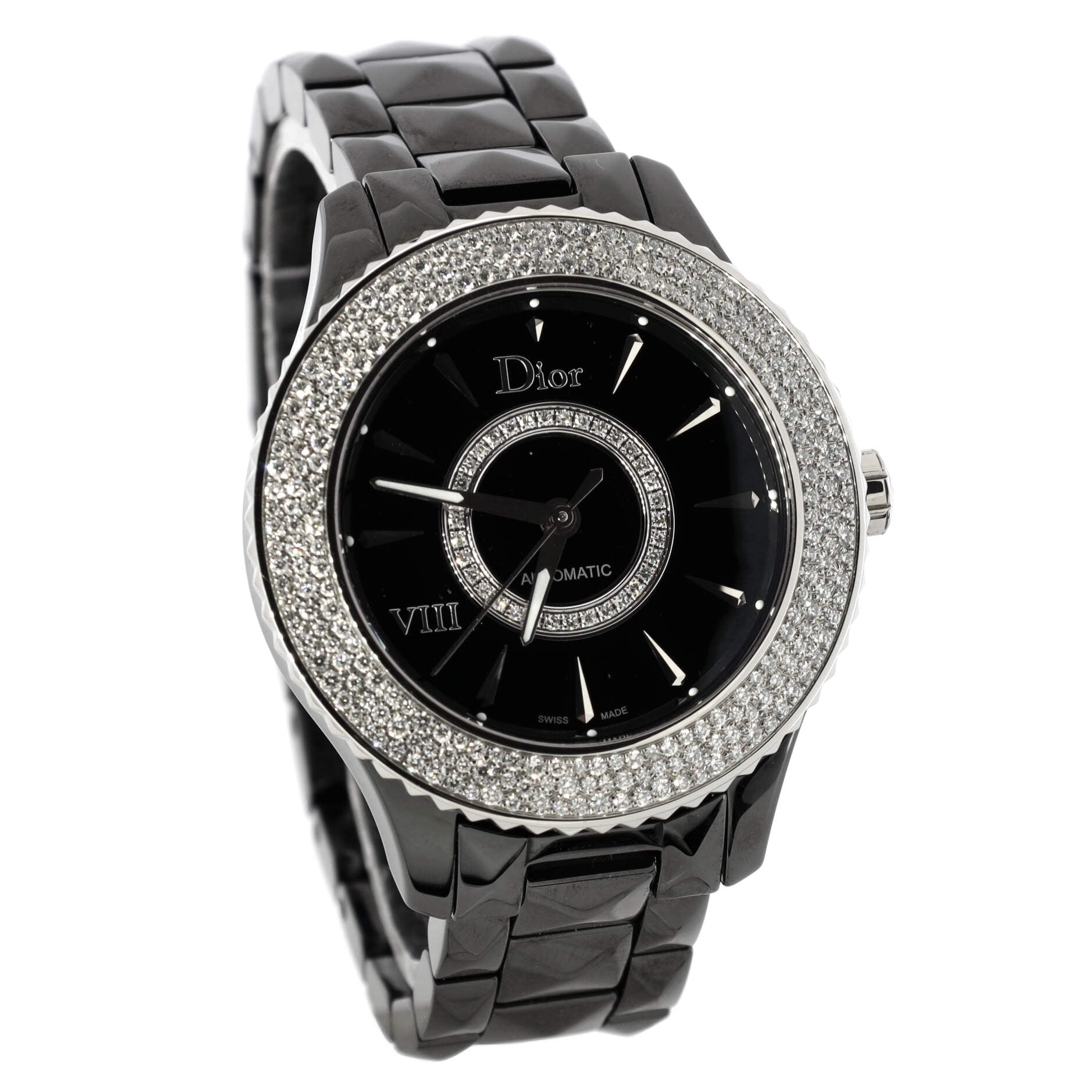 VIII Christal Automatic Watch Ceramic and Stainless Steel with Diamond Bezel and Dial 38