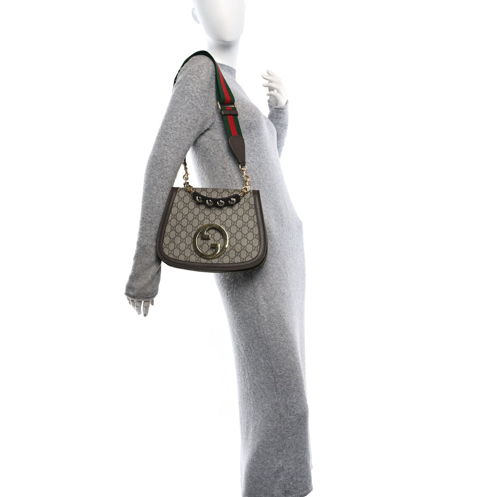 GG Supreme Monogram Textured Dollar Calfskin Web Medium Blondie Top Handle Shoulder Flap Bag Beige Ebony New Acero