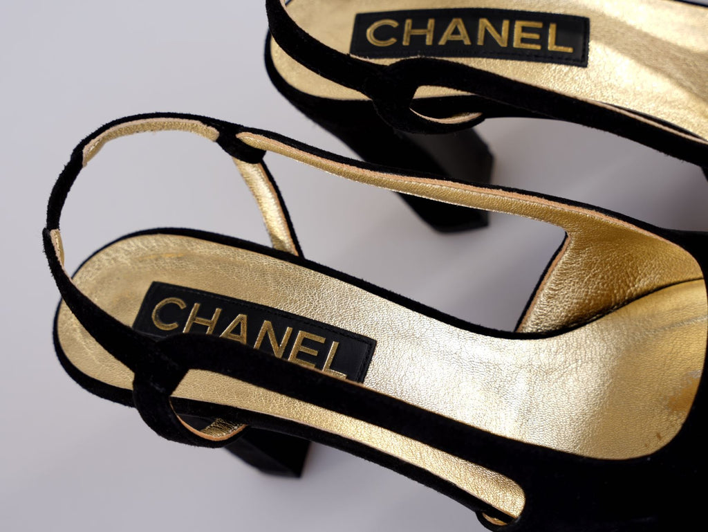 Chanel CC Slingback Heels Black Gold Size 37.5 EU