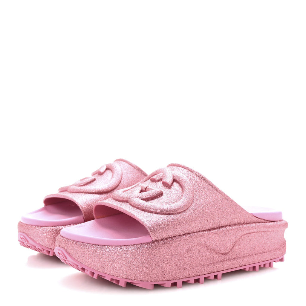 Glitter Rubber Womens Interlocking G Platform 42mm Slide Sandals 37 Rose