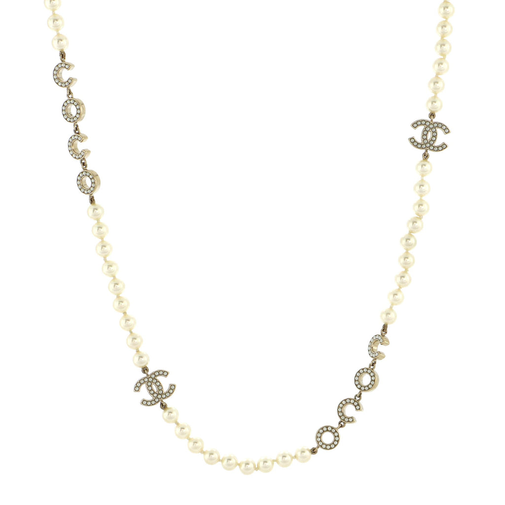 Coco CC Station Long Necklace Metal and Faux Pearls with Crystals