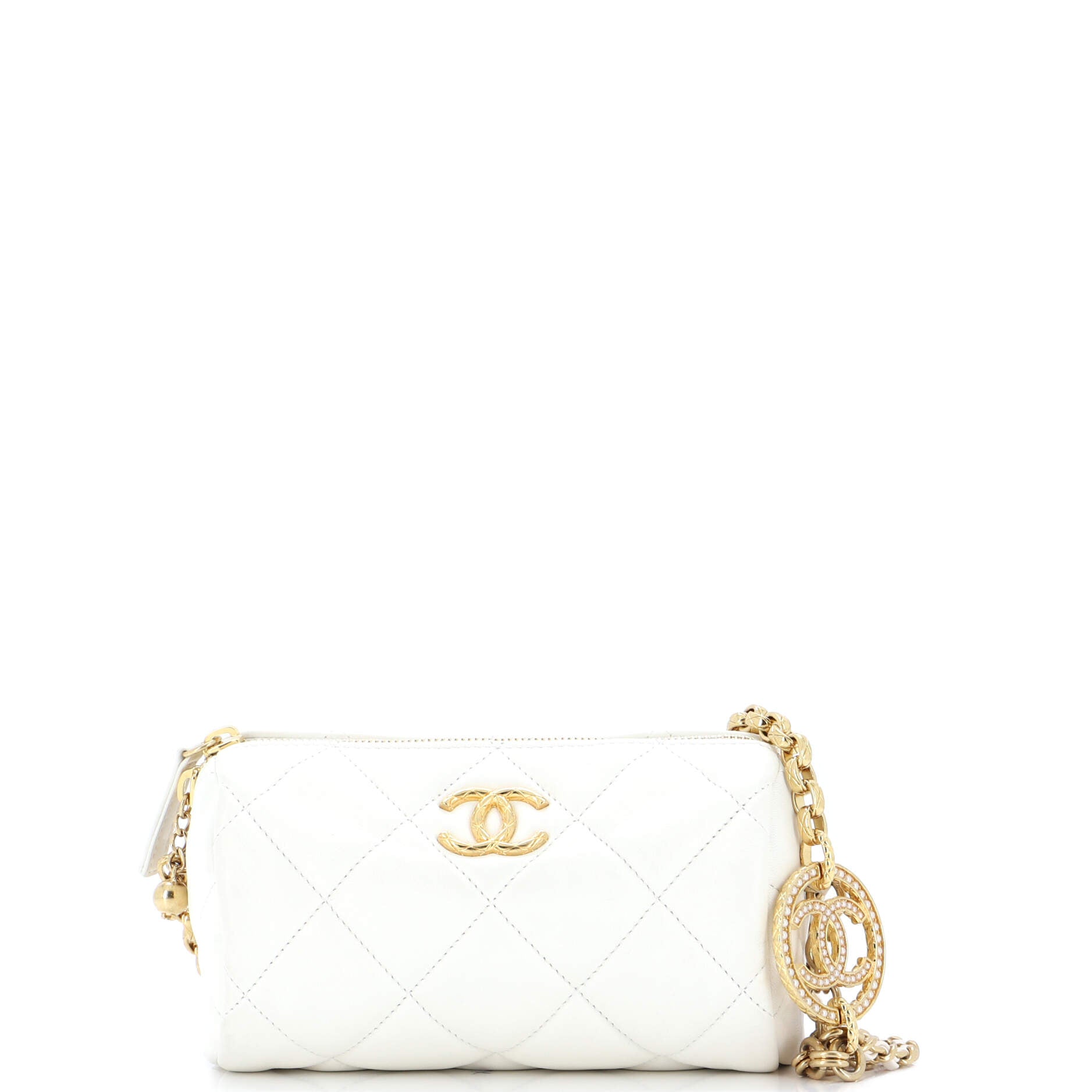 Pearl CC Medallion Chain Bowling Bag Quilted Lambskin Mini