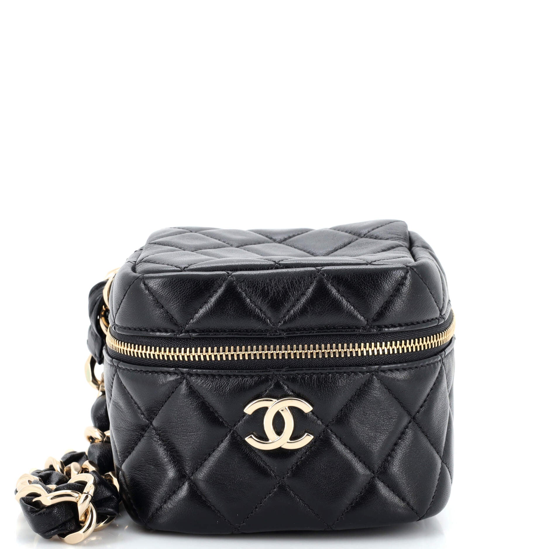 CC Cube Zip Clutch with Chain Handle Quilted Lambskin