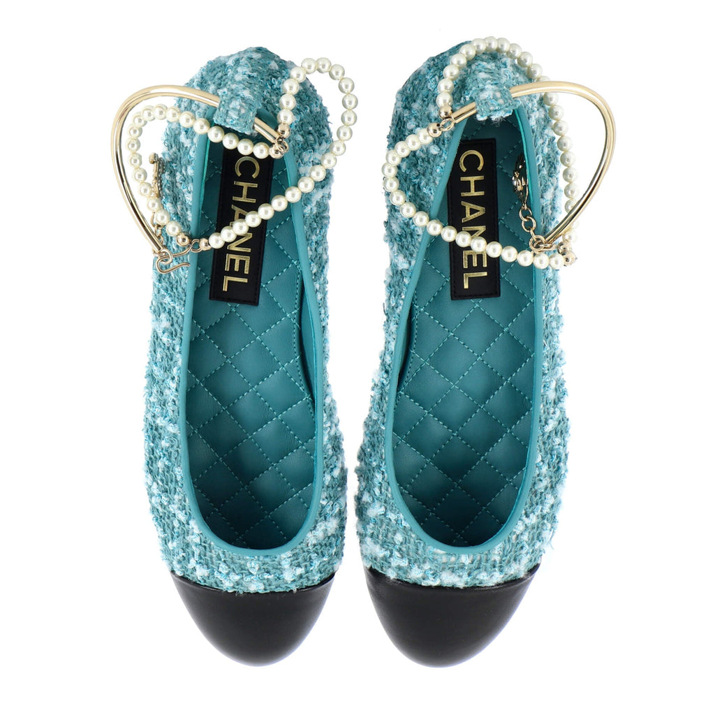 Women's Ballet Flats with Ankle Chain Tweed with Faux Pearls