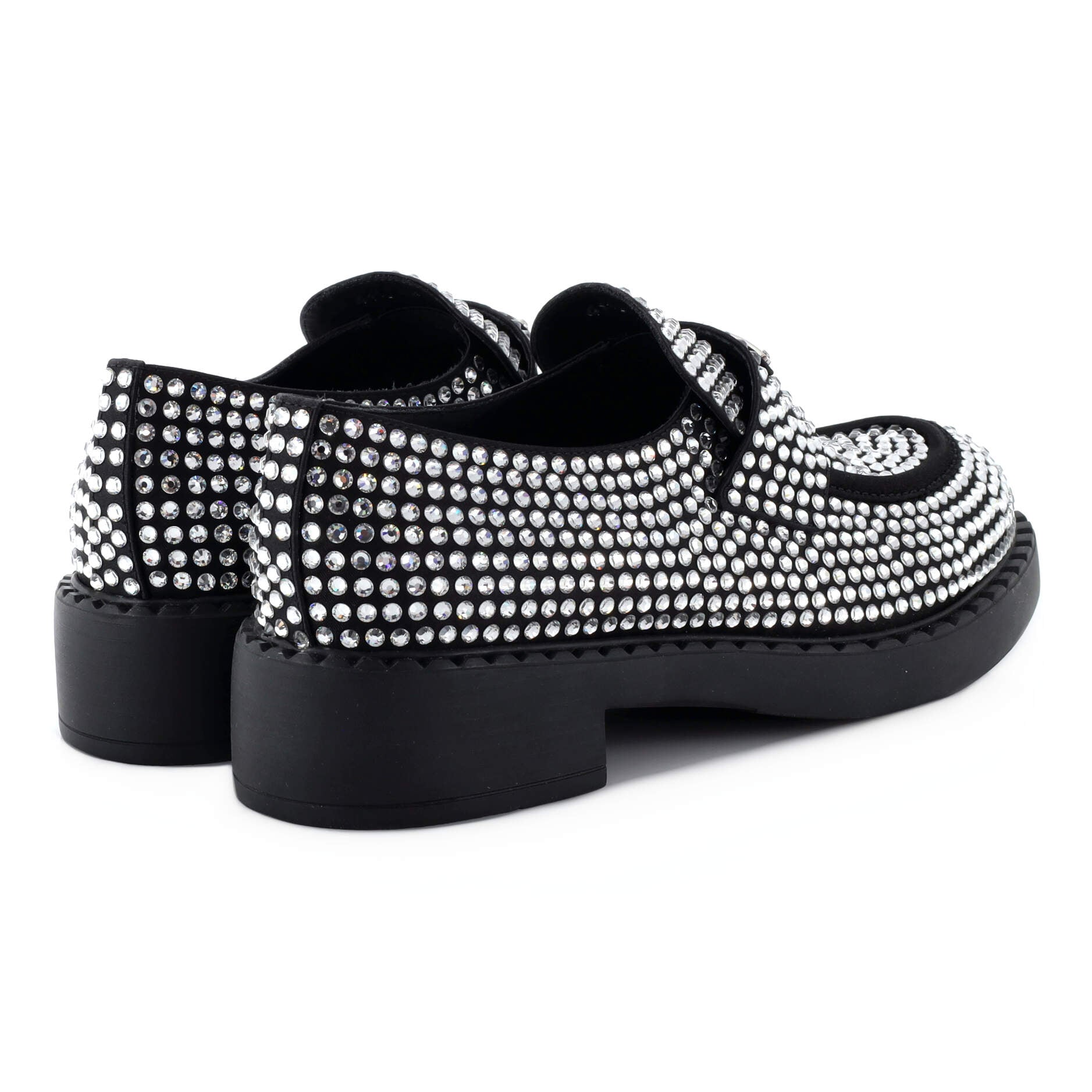 Women's Triangle Logo Loafers Crystal Embellished Satin