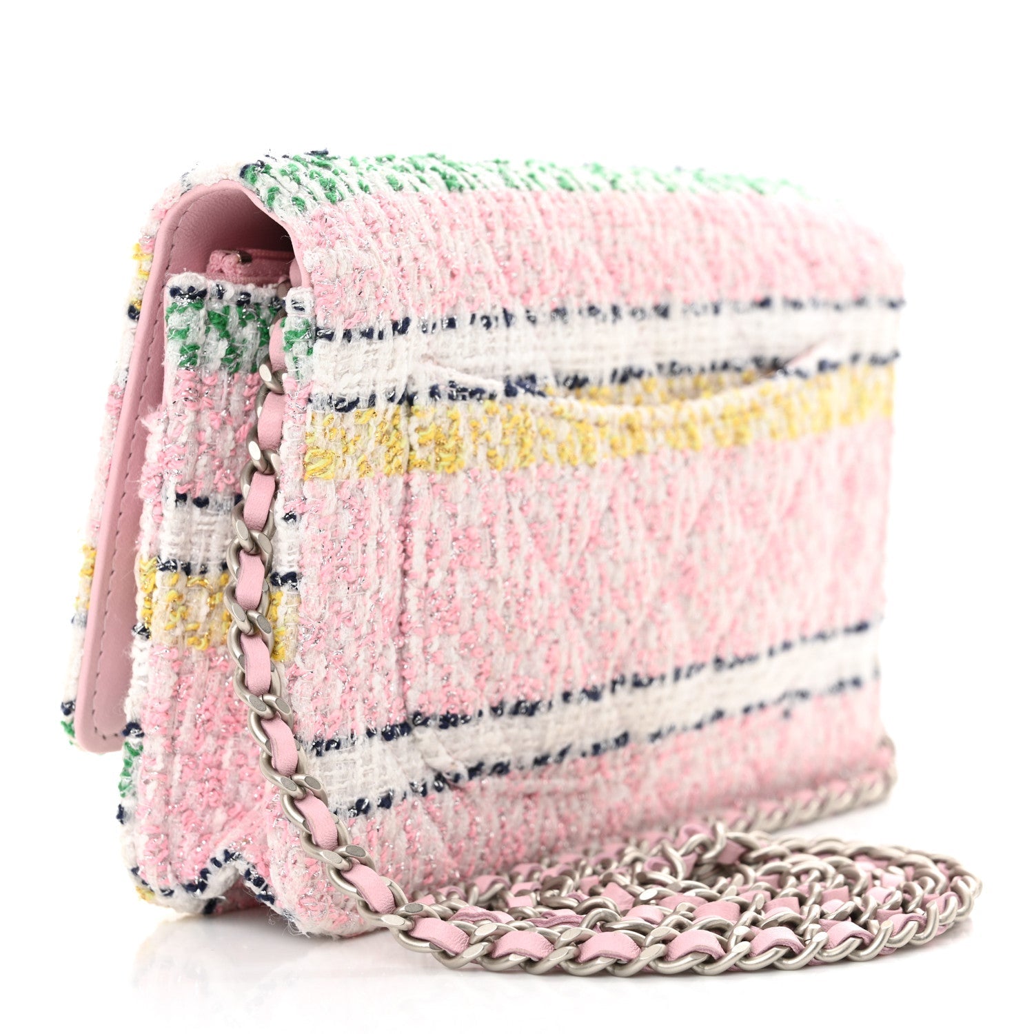 Metallic Tweed Quilted Wallet On Chain WOC White Multicolor