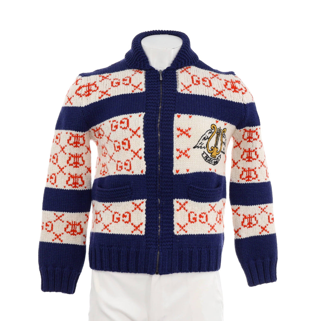 Men's Striped GG Lyre Mock Neck Zip Sweater Wool