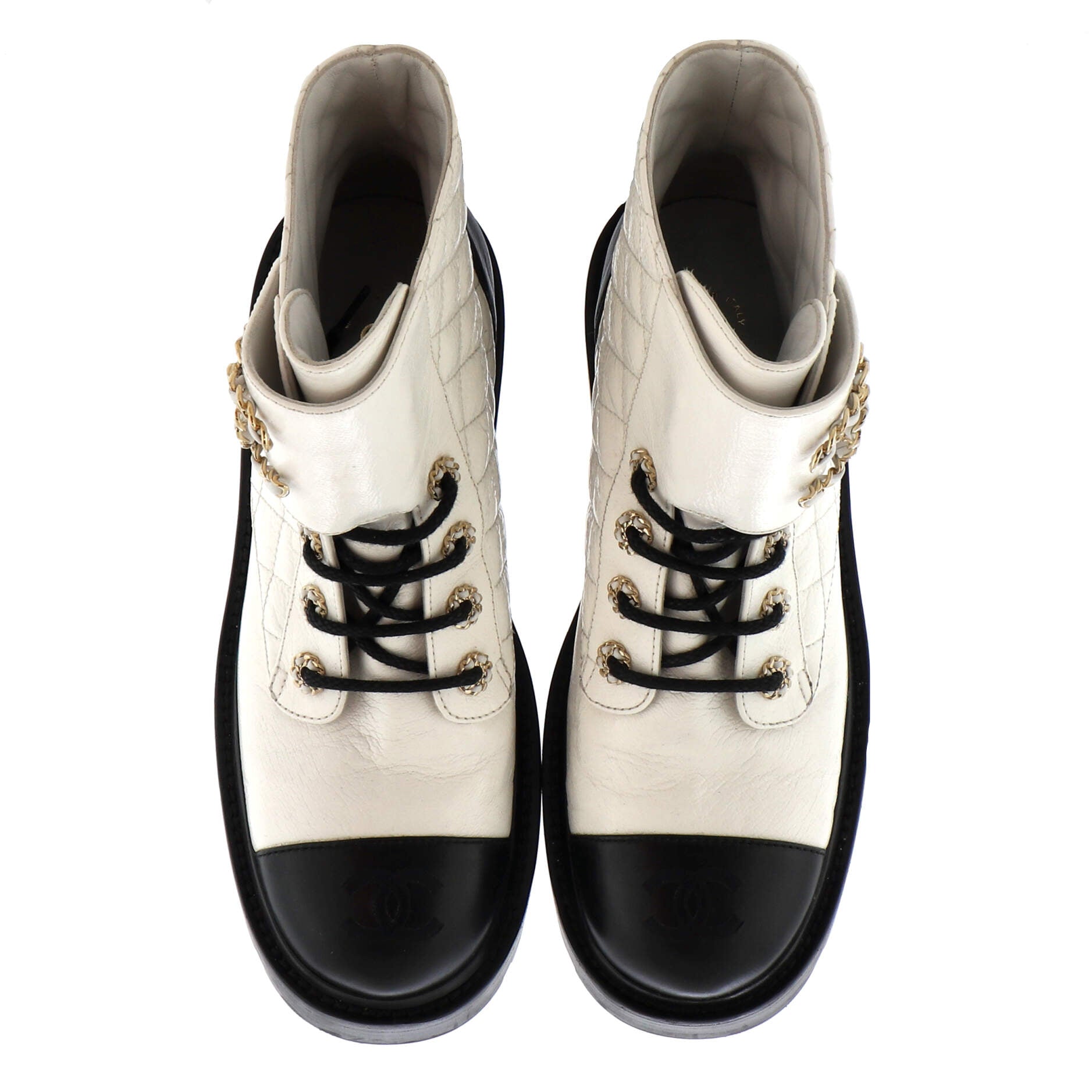 Women's Chain CC Cap Toe Lace Up Combat Boots Quilted Leather
