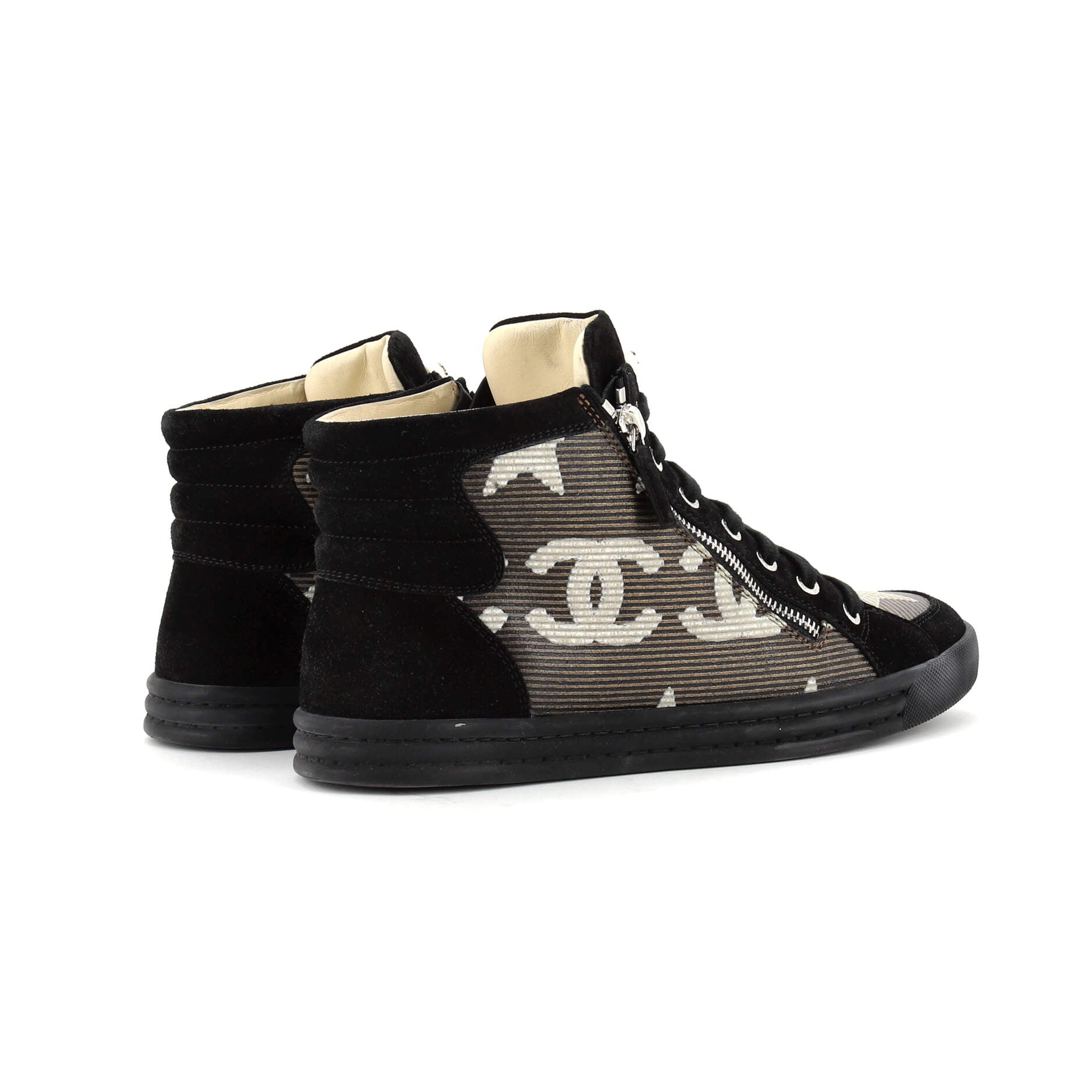 Women's CC Double Zip Lace Up Sneakers Printed Leather and Suede