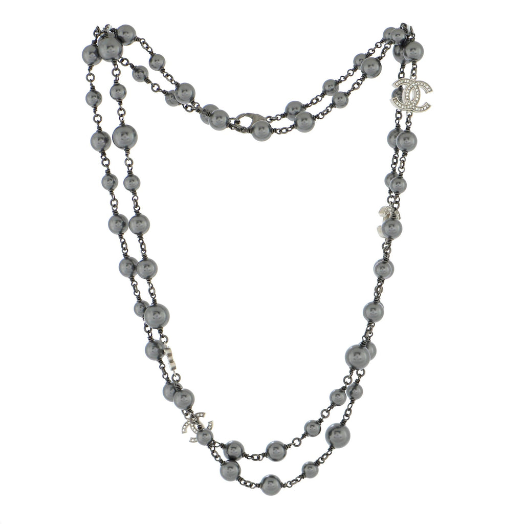 CC Station Long Necklace Metal with Faux Pearls and Crystals