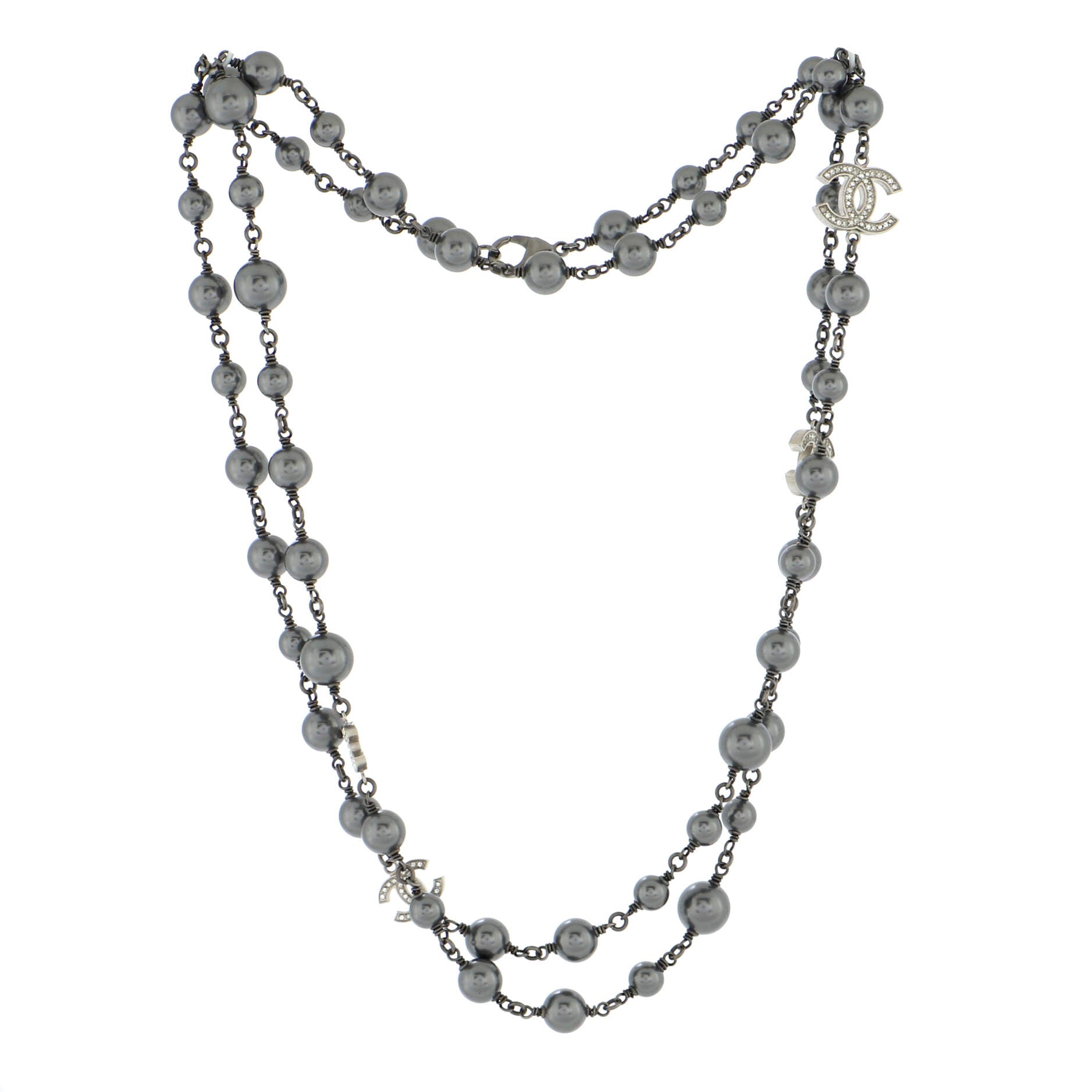 CC Station Long Necklace Metal with Faux Pearls and Crystals