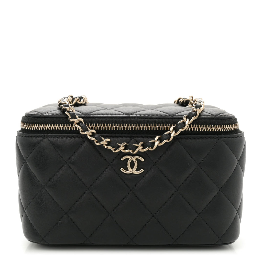 Lambskin Quilted Enamel CC Pearl Crush Small Vanity Case With Chain Black