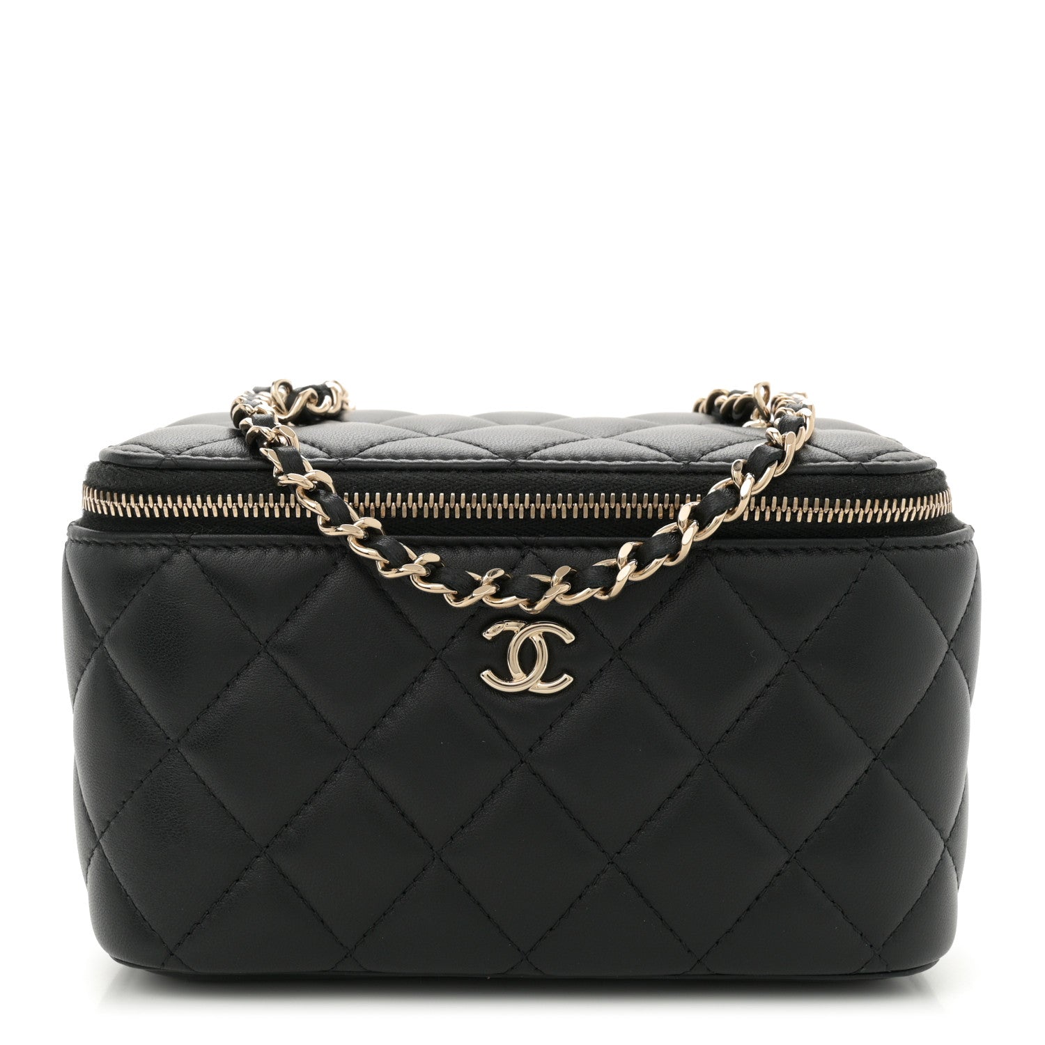 Lambskin Quilted Enamel CC Pearl Crush Small Vanity Case With Chain Black