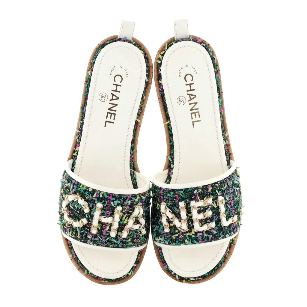 Women's Chain CHA-NEL Mule Sandals Tweed and Cork