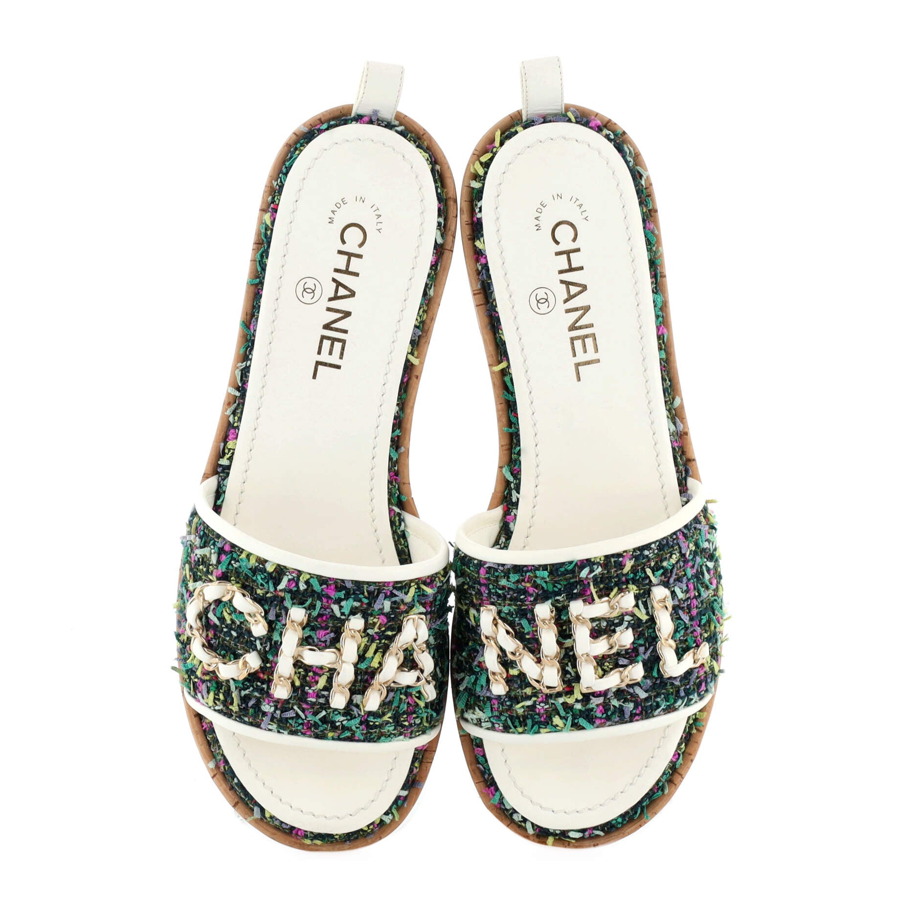 Women's Chain CHA-NEL Mule Sandals Tweed and Cork