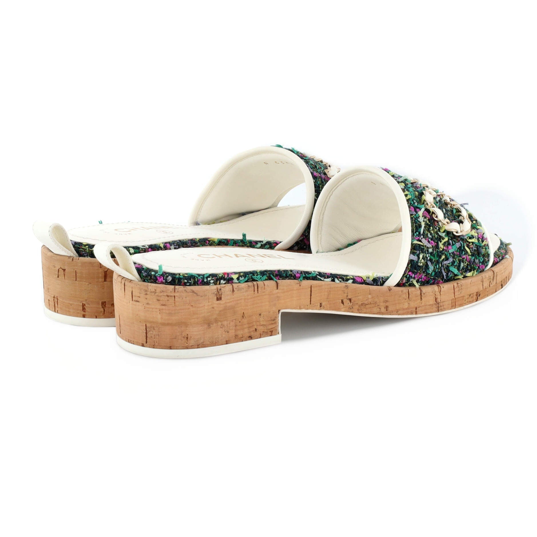 Women's Chain CHA-NEL Mule Sandals Tweed and Cork