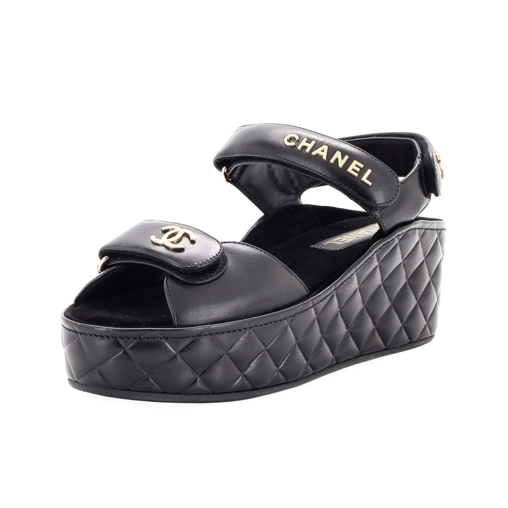 Women's Logo Velcro Strap Wedge Sandals Quilted Leather