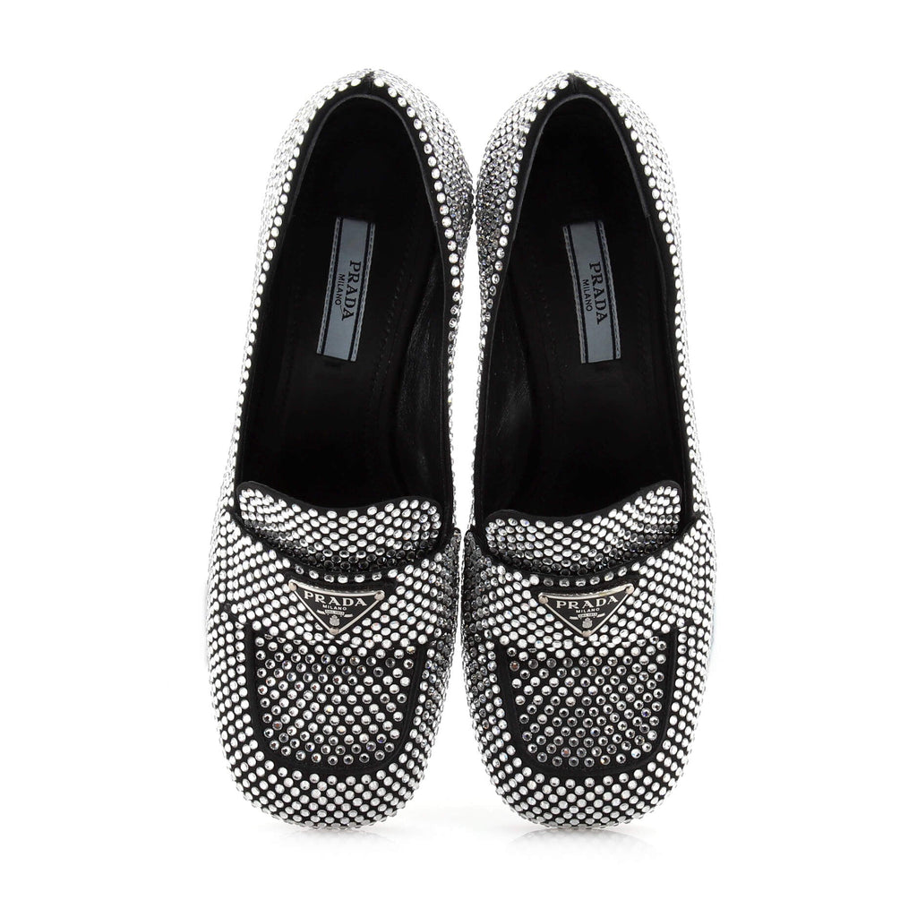 Women's Triangle Logo Block Heel Loafers Crystal Embellished Satin